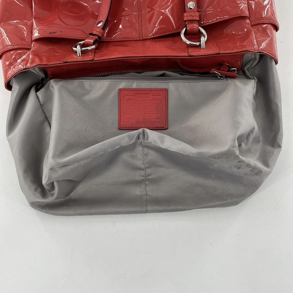 Coach Signature Embossed‎ Patent Leather Coral Orange Satchel Tote Coral Orange